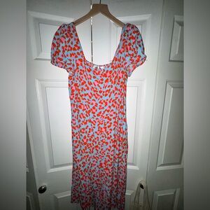 Diane Von Furstenberg Sky Blue Midi Dress with Coral Print